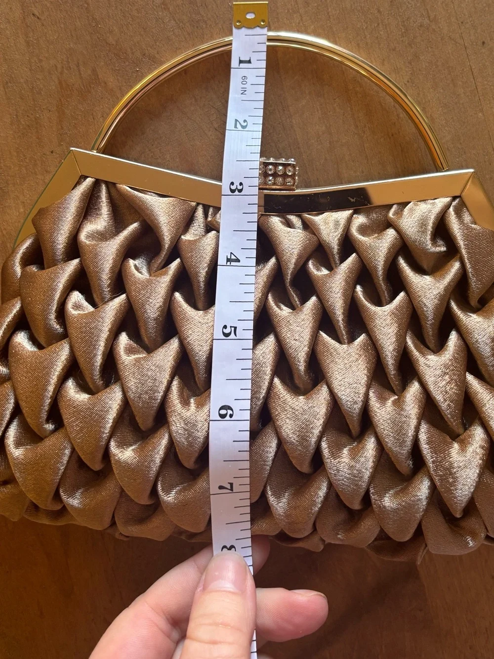 NWT Gold Pleated Satin Evening Clutch with Rhinestone Clasp Chain Strap Event